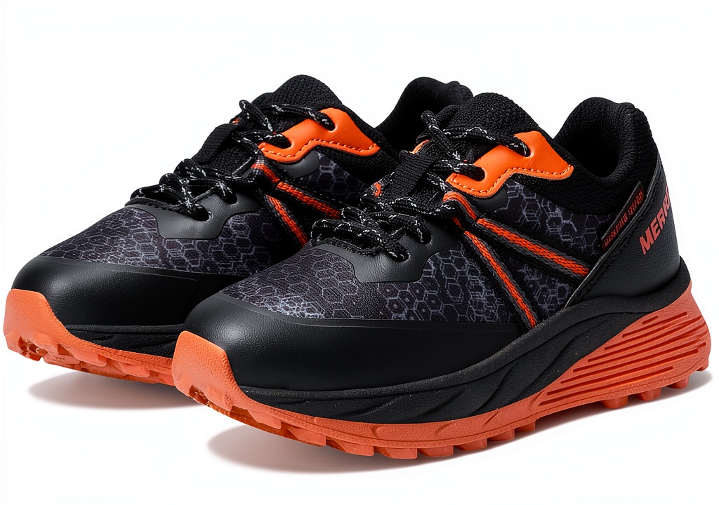 Merrell kids fitness shoes in Black/Orange color on a child's feet during activity