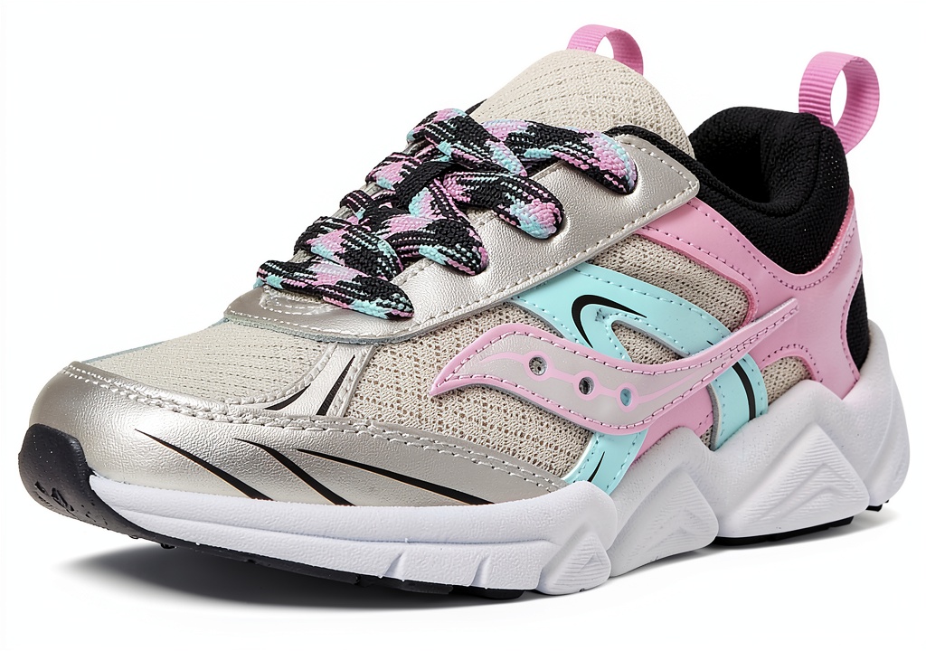Saucony kids fitness shoes in Silver/Black color on a child's feet during exercise