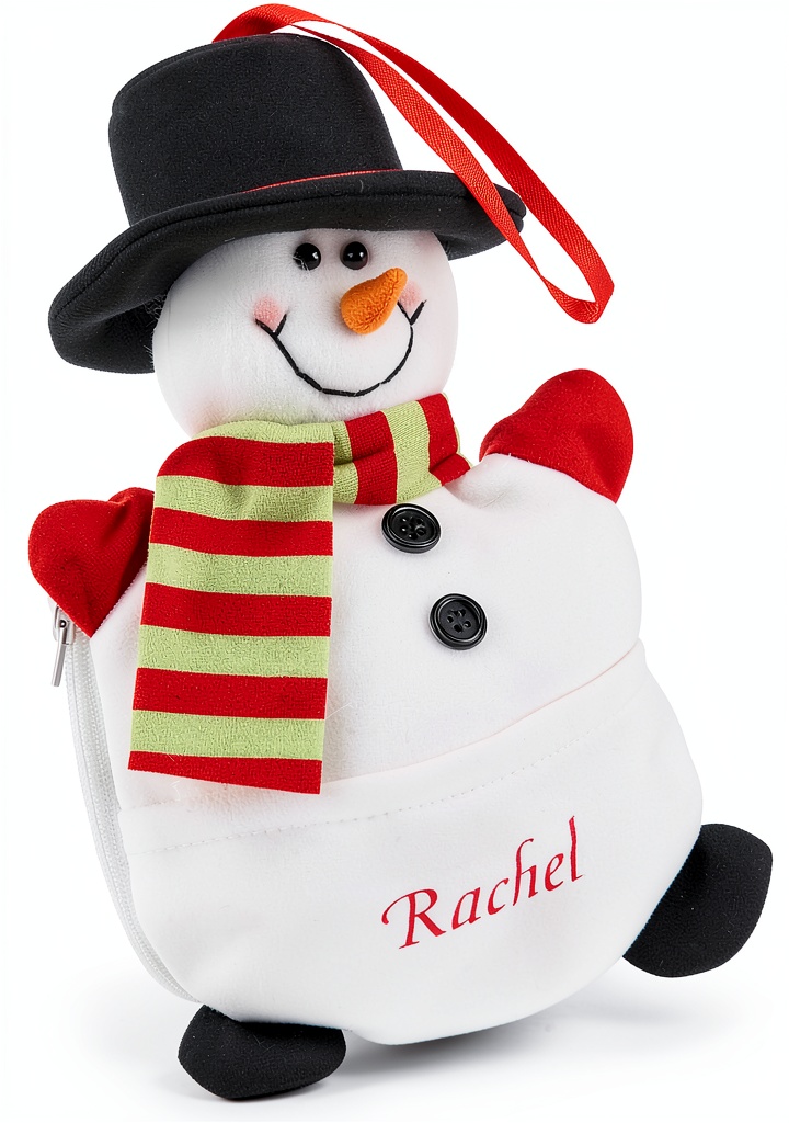 Snowman Gift Card Pouch Fox Valley Traders displayed on a wooden desk with a holiday backdrop