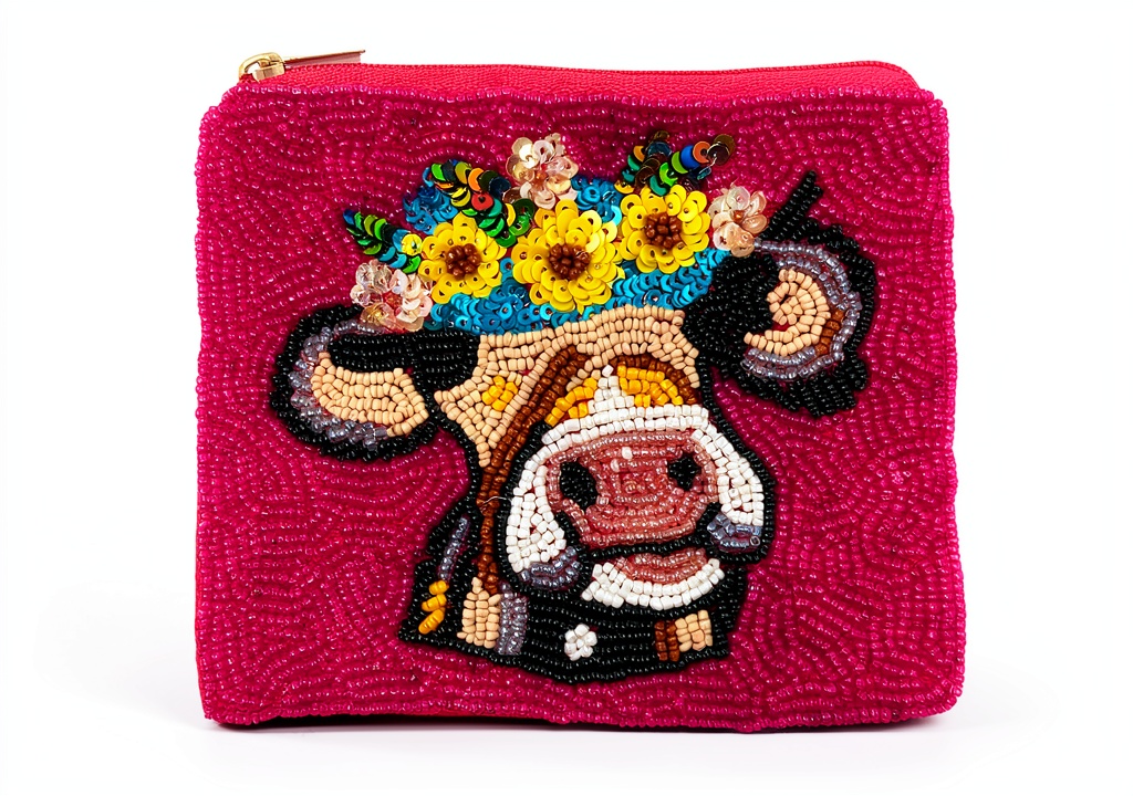 Handmade beaded coin purse with zipper closure shown next to coins and folded bills demonstrating capacity