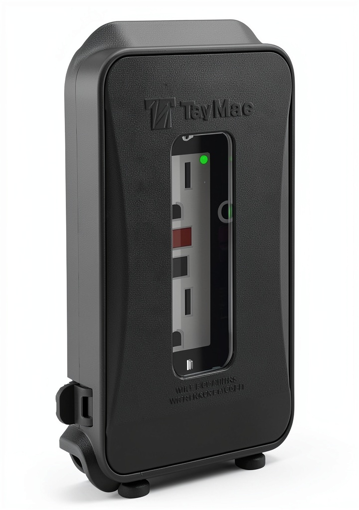 TayMac weatherproof outlet cover installed on a patio wall