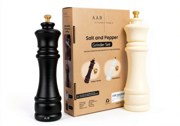 Wooden Black and White Salt Pepper Grinder Set by AAB – 8in Refillable-0