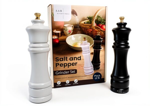 Wooden Black and White Salt Pepper Grinder Set by AAB – 8in Refillable-3
