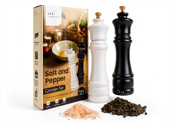 Wooden Black and White Salt Pepper Grinder Set by AAB – 8in Refillable-1