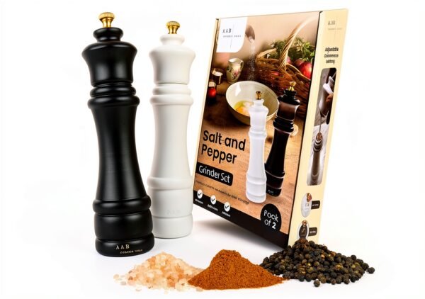 Wooden Black and White Salt Pepper Grinder Set by AAB – 8in Refillable-2